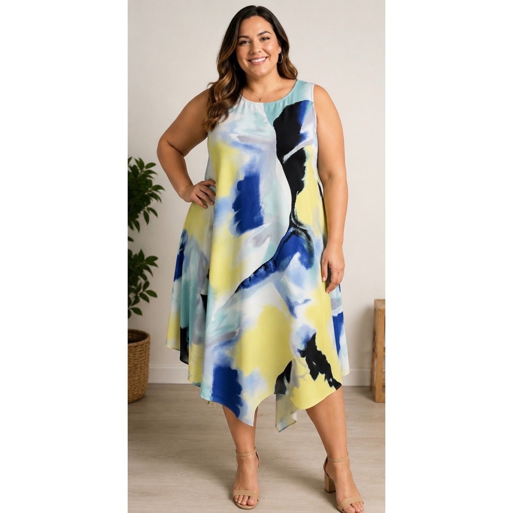 Alfani Woman 14W Yellow Blue Abstract Watercolor Handkerchief Hem Shift Dress